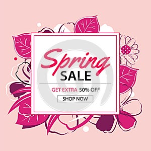 Spring sale poster template with flower background.