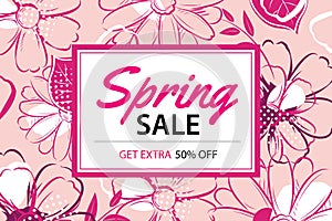 Spring sale poster template with flower background.