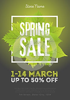 Spring sale poster template with leaves and frame in green black background. Vector illustration