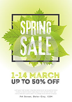 Spring sale poster template with leaves and frame in green white background. Vector illustration