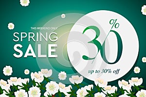 Spring sale poster, up to 30 off, vector illustration.