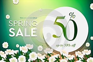 Spring sale poster, up to 50 off, vector illustration.