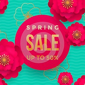 Spring sale poster or web banner design template. Vector springtime flowers and golden glitter text for discount promo