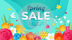 Spring sale promotion banner with paper cut flowers. Poster with 3d origami floral decoration. Fashion product discount