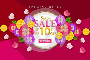 Spring sale Promotional banner background with colorful flower and butterfly for Special spring offer 10% off