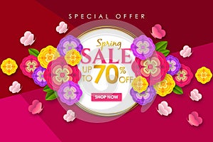 Spring sale Promotional banner background with colorful flower and butterfly for Special spring offer 70% off