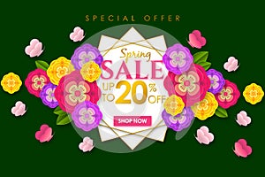 Spring sale Promotional banner background with colorful flower and butterfly for Special spring offer 20% off