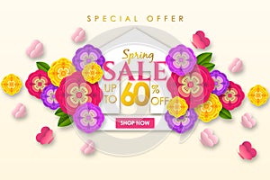 Spring sale Promotional banner background with colorful flower and butterfly for Special spring offer 60% off