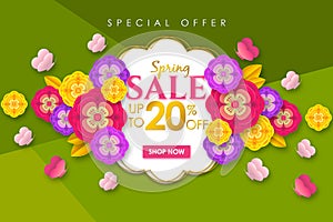 Spring sale Promotional banner background with colorful flower and butterfly for Special spring offer 20% off