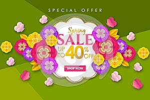 Spring sale Promotional banner background with colorful flower and butterfly for Special spring offer 40% off