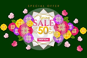 Spring sale Promotional banner background with colorful flower and butterfly for Special spring offer 50% off