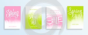 Spring Sale promotional flyers or covers set with hand lettering for springtime shopping, commerce, discount promotion.