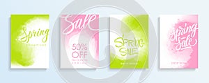 Spring Sale promotional flyers or covers set with hand lettering for springtime shopping, commerce and discount promotion.