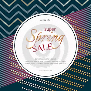 Spring sale round banner on elegant dark luxury background with golden zigzag lines specks Banner design element for discounts