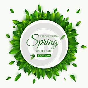 Spring sale round banner with leaves. Seasonal background frame with green spring leaves and text. Bright foliage poster