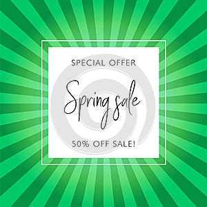 Spring sale square post social media template, vector special offer promotion, sunburst background