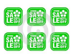 Spring sale stickers green set. Sale 20%, 30%, 40%, 50%, 60%, 70% off discount