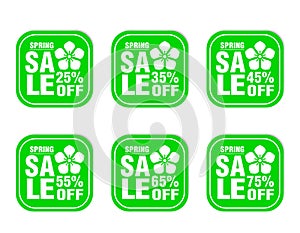 Spring sale stickers green set. Sale 25%, 35%, 45%, 55%, 65%, 75% off discount