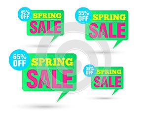 Spring sale. Tag speech green bubble. Sale 35%, 45%, 55%, 65% off discount photo