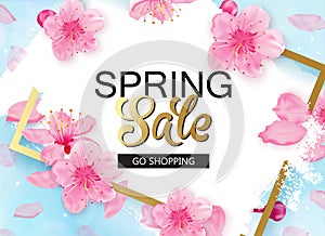 Spring sale vector banner design with flowers and frame. Cherry blossoms and blue sky background.