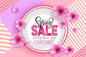 Spring sale vector banner design. Spring season sale with pink flower cherry blossom elements