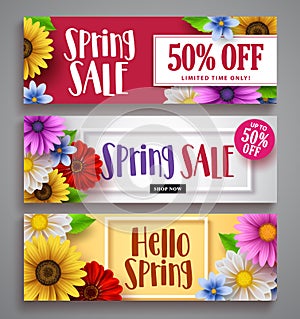 Spring sale vector banner set with colorful background templates