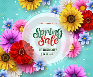 Spring sale vector banner template with colorful flowers elements like chrysanthemum and daisy