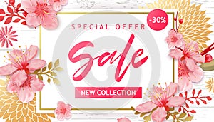 Spring Sale Vector Illustration. Banner With Cherry Blossoms.