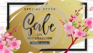 Spring Sale Vector Illustration. Banner With Cherry Blossoms.