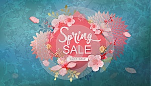 Spring Sale Vector Illustration. Banner With Cherry Blossoms.