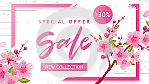 Spring Sale Vector Illustration. Banner With Cherry Blossoms.