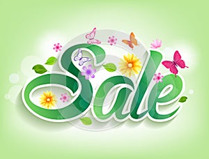 Spring Sale Word with Butterflies, Leaves and flowers