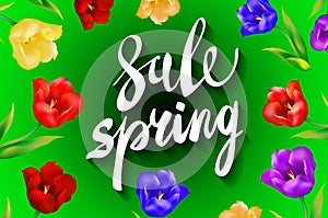 Spring Sale Word Hanging on Leaves with Strings. Vector Illustration