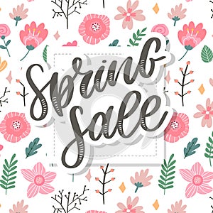 Spring Sale Word Hanging on Leaves with Strings. Vector Illustration flowers