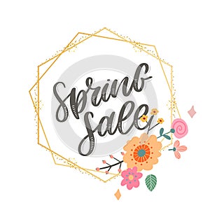 Spring Sale Word Hanging on Leaves with Strings. Vector Illustration flowers