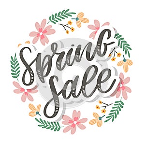 Spring Sale Word Hanging on Leaves with Strings. Vector Illustration flowers