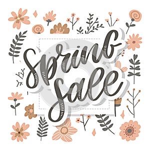 Spring Sale Word Hanging on Leaves with Strings. Vector Illustration flowers