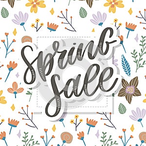 Spring Sale Word Hanging on Leaves with Strings. Vector Illustration flowers