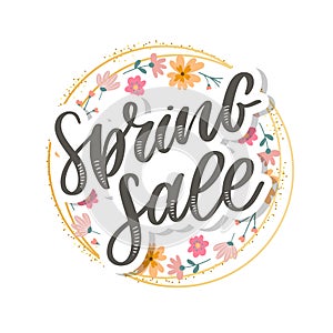 Spring Sale Word Hanging on Leaves with Strings. Vector Illustration flowers