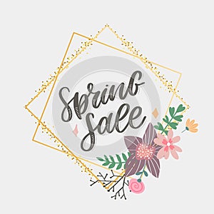 Spring Sale Word Hanging on Leaves with Strings. Vector Illustration flowers