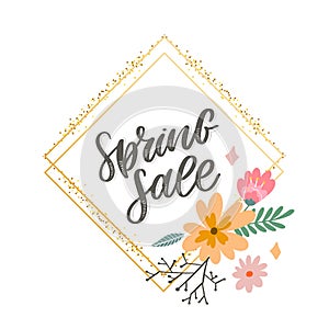 Spring Sale Word Hanging on Leaves with Strings. Vector Illustration flowers