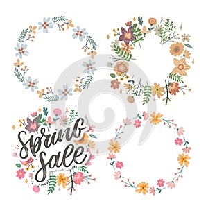 Spring Sale Word Hanging on Leaves with Strings. Vector Illustration flowers