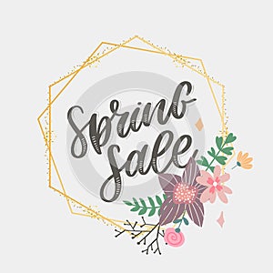 Spring Sale Word Hanging on Leaves with Strings. Vector Illustration flowers