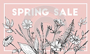 Spring Sale Word Hanging on Leaves with Strings. Vector Illustration template