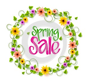 Spring Sale Wreath of Colorful Realistic Vector Flowers and Vines