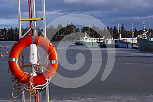 A spring scene of a small leisure boat harbor with orange lifesaver in the foreground
