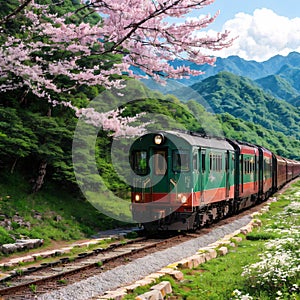 Spring scenery of a local train traveling thru a railway curve by the green wooded mountainside and the white flowers