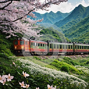 Spring scenery of a local train traveling thru a railway curve by the green wooded mountainside and the white flowers