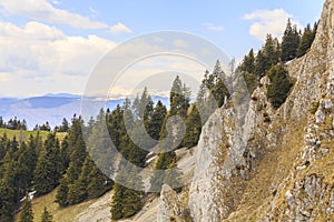 Spring scenery in the Transylvanian Alps, with snow and pine forests