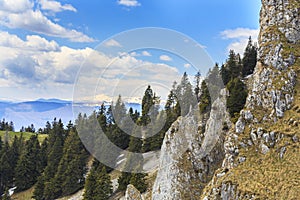 Spring scenery in the Transylvanian Alps, with snow and pine forests